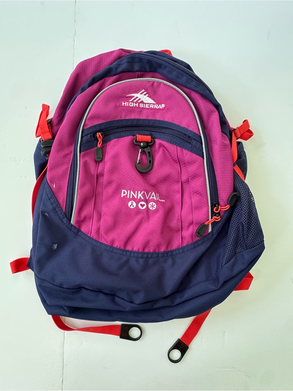 High Sierra Pink Vail Backpack in Pink and Navy with Red Accents